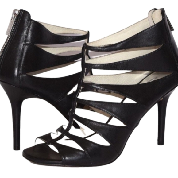 MICHAEL KORS Mavis Black Leather Caged Sandals Size 6.5 Open Toe High Heels - Picture 5 of 12